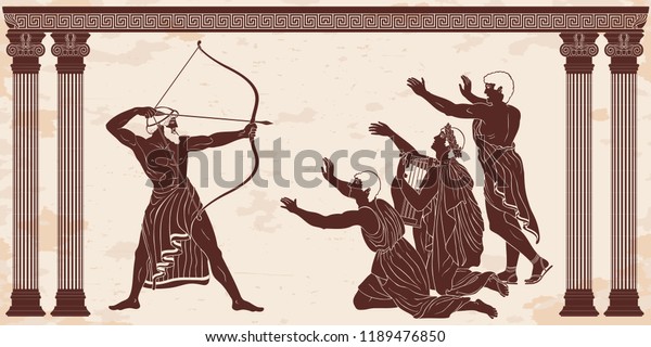 Mythological story of Homer. Odyssey kills the suitors of Penilope. An archer with weapons in his hands and men on their knees. Figure on a beige background with the aging effect.