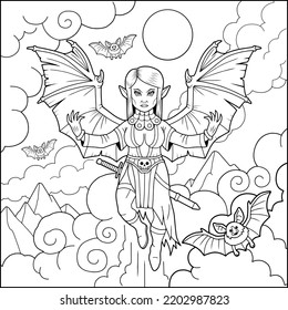 mythological vampire queen, coloring book, outline illustration