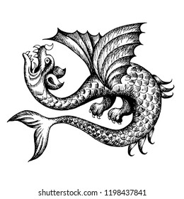 Mythological vintage sea monster. Fragment of decoration old pirate map. Hand drawn sketch vector