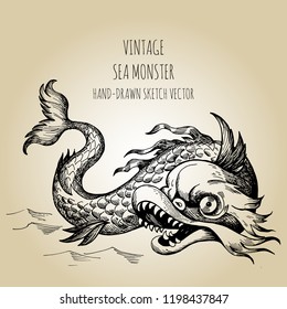 Mythological vintage sea monster. Fragment of decoration old pirate map. Hand drawn sketch vector