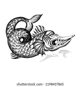 Mythological vintage sea monster. Fragment of decoration old pirate map. Hand drawn sketch vector