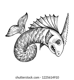 Mythological vintage sea monster. Fragment of old pirate map. Hand drawn vector sketch.