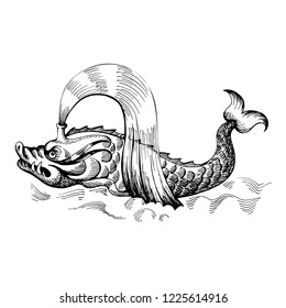 Mythological vintage sea monster. Fragment of old pirate map. Hand drawn vector sketch.