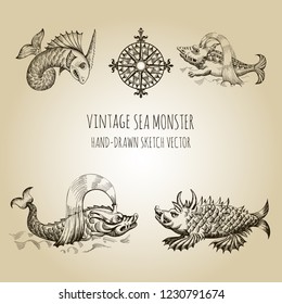 Mythological vintage sea monster. Fragment of decoration old pirate geographical map