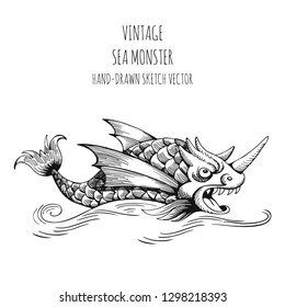 Mythological vintage sea monster. Fragment design of old pirate or fantasy geographical map