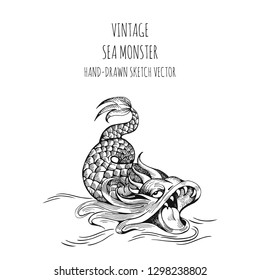 Mythological vintage sea monster. Fragment of decoration old pirate or fantasy geographical map