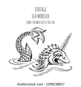 Mythological vintage sea monster. Fragment of decoration old pirate or fantasy geographical map