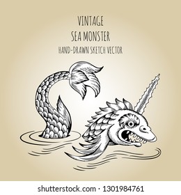 Mythological vintage sea monster. Fragment of decoration old pirate geographical map