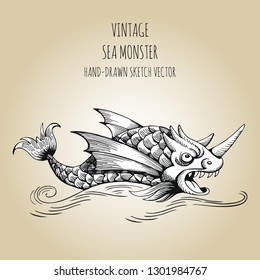 Mythological vintage sea monster. Fragment of decoration old pirate geographical map