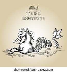Mythological vintage sea monster. Fragment of decoration old pirate geographical map