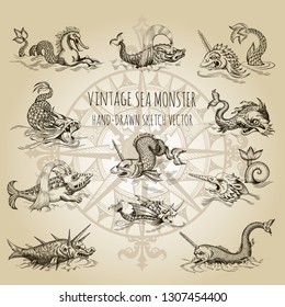 Mythological vintage sea monster. Fragment of old pirate map. Hand drawn vector sketch.