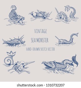 Mythological vintage sea monster. Fragment of old pirate map. Hand drawn vector sketch.