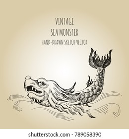 Mythological vintage sea monster. Fragment design of old pirate geographical map