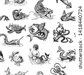 Mythological vintage sea monster. Monochrome Hand drawn sketch. Vector seamless pattern for boy. Detail of the old geographical maps of sea.