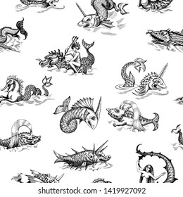 Mythological vintage sea monster. Monochrome Hand drawn sketch. Vector seamless pattern for boy. Detail of the old geographical maps of sea.