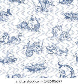 Mythological vintage sea monster. Monochrome Hand drawn sketch. Vector seamless pattern. Detail of the old geographical maps of sea.