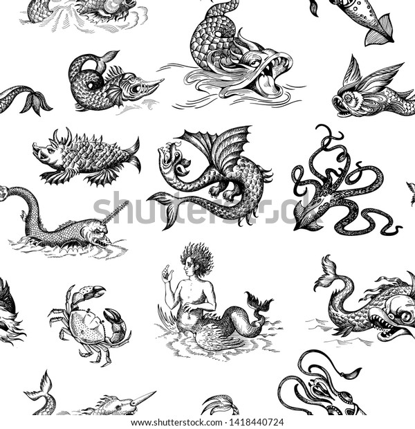 Mythological vintage sea monster. Monochrome Hand\
drawn sketch. Vector seamless pattern for boy. Detail of the old\
geographical maps of\
sea.