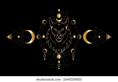 Mythological wolf or mystical Fenrir on Sacred Geometry and Moon Phases. Gold luxury vector illustration of Sacred ethnic wild animal isolated on black background 