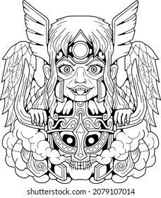 mythological woman warrior valkyrie and skull in her hands  outline illustration