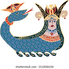mythologies illustration, ancient history legends, Shahmaran or Shah Maran Drawing Mythological figure from Anatolia Snake Lady vector drawing, 