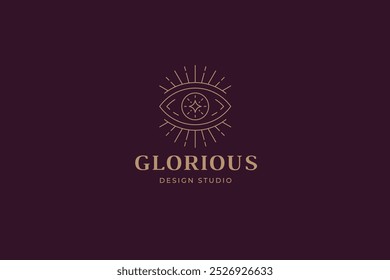 Mythology all seeing eye luxury minimalist logo design template for cosmetic brand vector illustration. Sacred mystic antique vision linear logotype for fashion designer stylist cosmetology salon