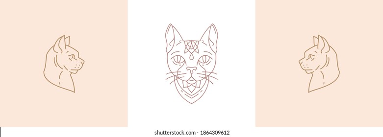 Mythology ancient cat in boho linear style vector illustrations set. Simple bohemian emblems in golden lines with feline goddess heads symbols for mystic creature and esoteric concept.