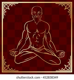 Mythology of ancient China. King Pan Gu in lotus pose. Traditional poster for King Pangu Festival