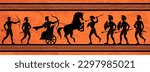 Mythology battle. Greek ornament. Ancient mural. People civilization. Myth on ceramic amphora. Warrior or hunting in Athens. Men with bows and spears. Vector tidy culture background