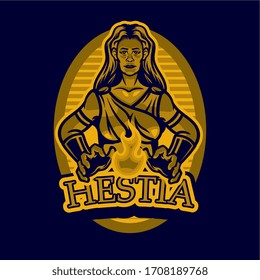 Mythology cartoon of famous ancient greece gods and goddess. Greek goddess Hestia. Ancient Greek deity. Virgin goddess of hearth, family, home. Mythology. Divine mythological figure