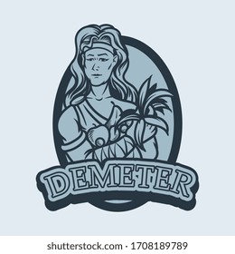 Mythology cartoon of famous ancient greece goddess demeter. Demeter cartoon with elegant figurine of greek goddess on ancient architecture background flat vector classical illustration