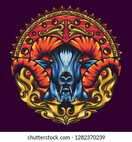 Mythology Goat sacred geometry with a beautiful blend of colours. Red horned and surrounded by ornaments with the impression of the colour of fire