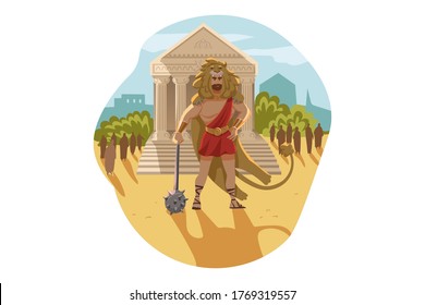 Mythology, Greece, Olympus, god, Heracles, religion concept. Ancient Greek religious myths illustration series. Hercules hero son of Zeus demigod stands with club and nemean lion skin as First Feat.