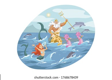 Mythology, Greece, Olympus, God, Neptune, Religion Concept. Ancient Greek Religious Myths Illustration. Poseidon With Trident Zeus Brother Rides Chariot With Seahorses On Ocean And Deity Of Sea Storm.