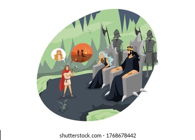 Mythology, Greece, Olympus, legend, religion concept. Ancient Greek religious myths illustration. Orpheus young musician begs Hades brother of Zeus wife Persephone bring Eurydice back from underworld.