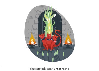 Mythology, Greece, Olympus, legend, religion concept. Cerberus three heads dog hell hound olympian god Hades servant stands guard of underworld gate. Ancient Greek religious myths illustration series.