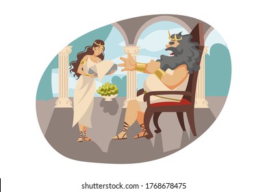 Mythology, Greece, Olympus, legend, religion concept. Ancient Greek religious myths illustration series. Cronus titan father of Zeus wanting to eat his son and mother wife Rhea giving stone instead.