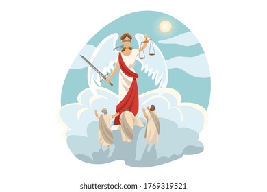 Mythology, Greece, Olympus, legend, religion concept. Ancient Greek religious myths illustration series. Themis blind olympian goddess of justice judging people impartially holding sword and scale.