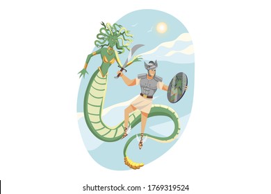 Mythology, Greece, Olympus, legend, religion concept. Mythological hero Perseus son of Zeus fighting with monster Gorgon with magic shield and sword. Ancient Greek religious myths illustration series.