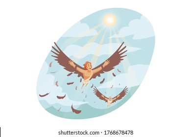 Mythology, Greece, Olympus, religion concept. Young Icarus and old Daedalus father and son flying together in sky with self made wings and falling. Ancient Greek religious myths illustration series.