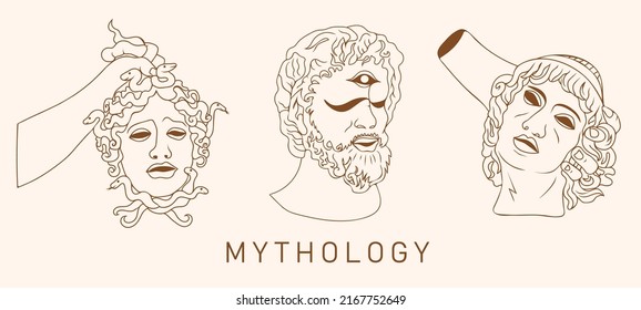 Mythology. Greek ancient sculpture collection. Architectural graphic design elements. Greek sculpture trippy. Vector hand drawn illustration.