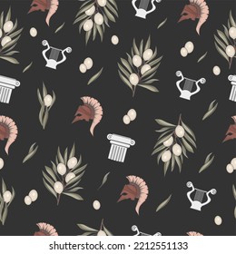 mythology, greek seamless pattern, ornament with olive branches, harp, antique column and helmet of the goddess Athena, ancient god, Rome, print for fabric and stationery, mythical style vector