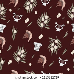 mythology, greek seamless pattern, ornament with olive branches, harp, antique column and helmet of the goddess Athena, ancient god, Rome, print for fabric and stationery, mythical style vector