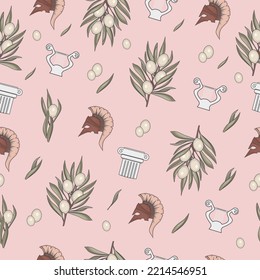 mythology, greek seamless pattern, ornament with olive branches, harp, antique column and helmet of the goddess Athena, ancient god, Rome, print for fabric and stationery, mythical style vector