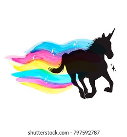 
Mythology illustration set of unicorn silhouette, unicorn with watercolor