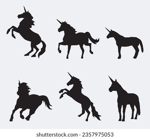 Mythology illustrations set of unicorns silhouette in different poses. Vector pictures of medieval black horses