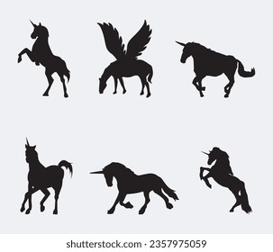 Mythology illustrations set of unicorns silhouette in different poses. Vector pictures of medieval black horses