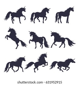 Mythology illustrations set of unicorns silhouette in different poses. Vector pictures of medieval black horses