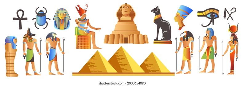 Mitología y monumentos del antiguo Egipto, deidades y símbolos del imperio egipcio. Pirámides y esfinge, Ra y ankh, escarabajo de Horus y scarab, diosa del gato y busto de nefertiti. Vector de estilo plano