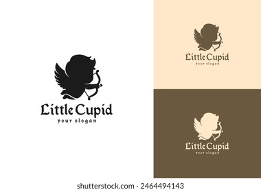 mythology logo silhouette of little cupid flying carrying archery vector illustration