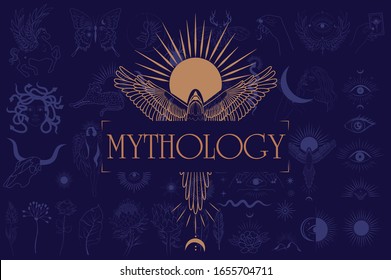 Mythology and mystical illustrations in hand drawn style with sun and phoenix, mythical creature, esoteric and boho objects. Editable Vector Illustration